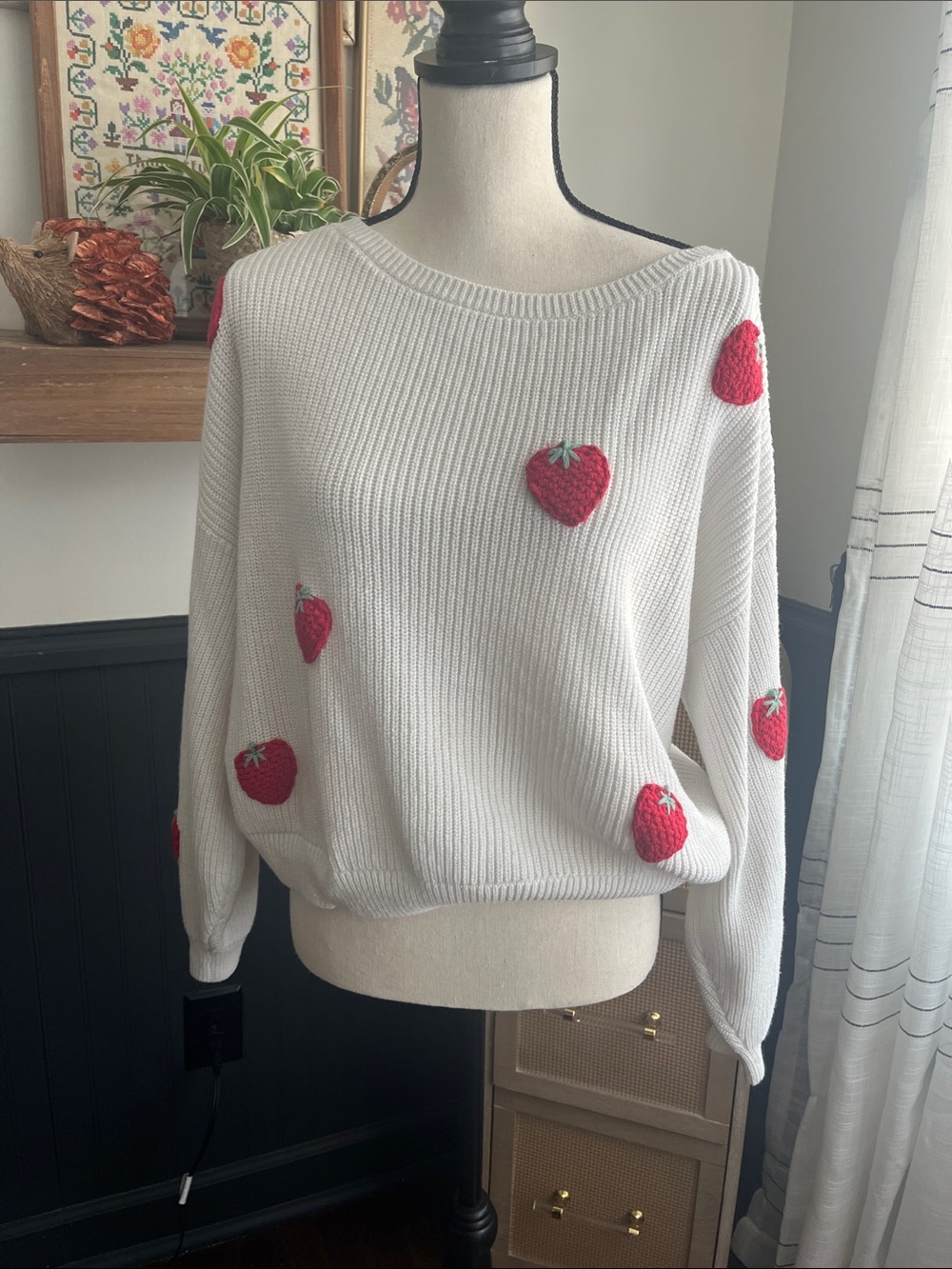 Hollister White Knit Sweater with Red Strawberry Appliqués